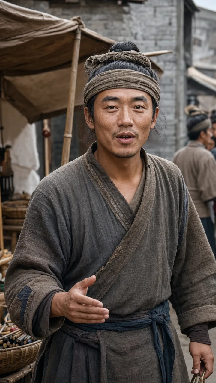 古代街市中的中青年男性小贩,穿普通旧布衣,正面对顾客叫卖