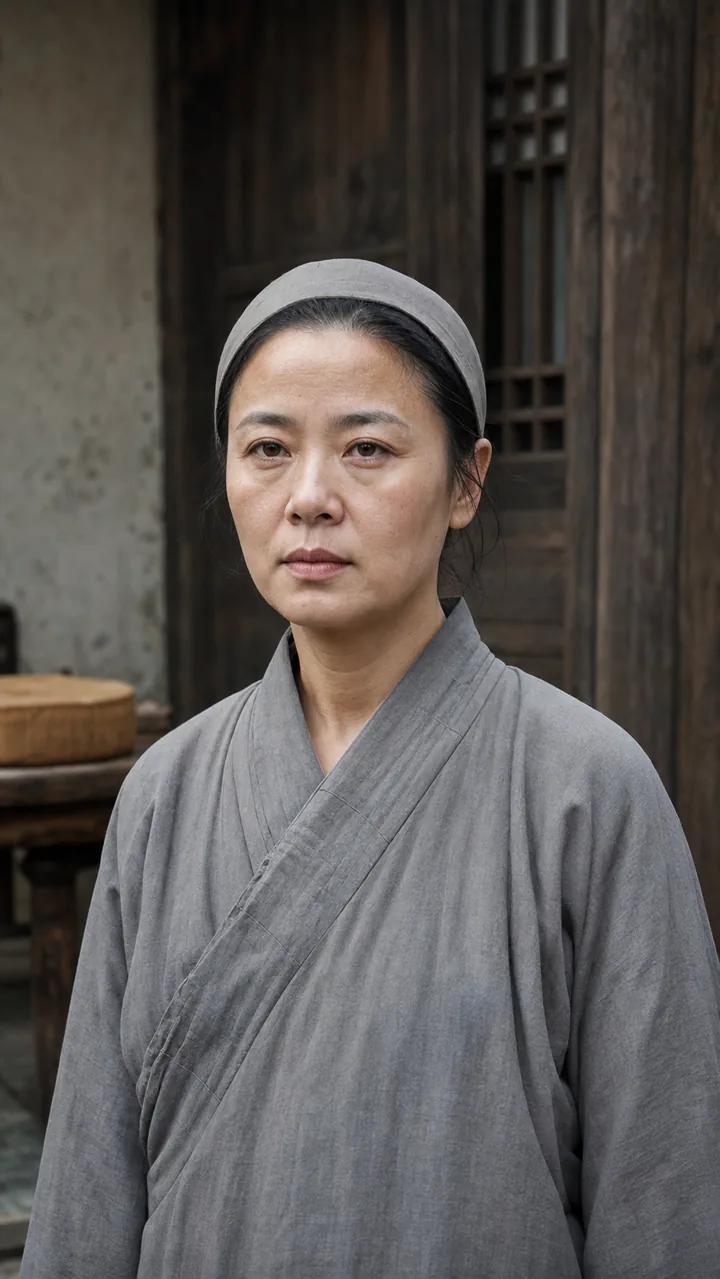 出家后的古代中青年女性,穿朴素衣袍,神情冷淡克制