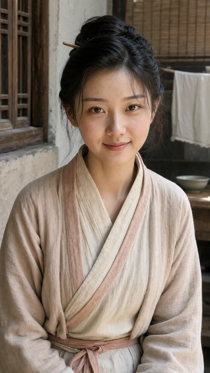 温柔贤淑的古装青年女性,眼神含蓄明亮,带有自然的恋爱喜悦