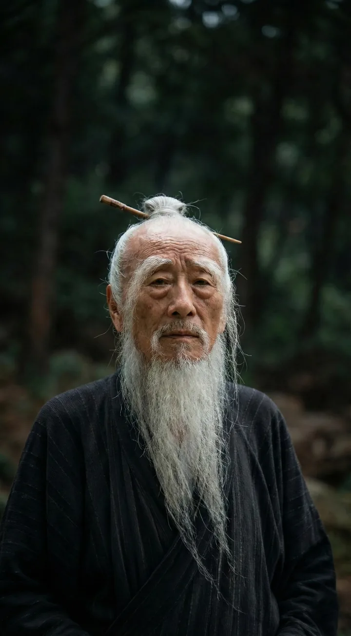 白发长须的古风老年男性，身穿黑色衣袍，坐在山林环境中