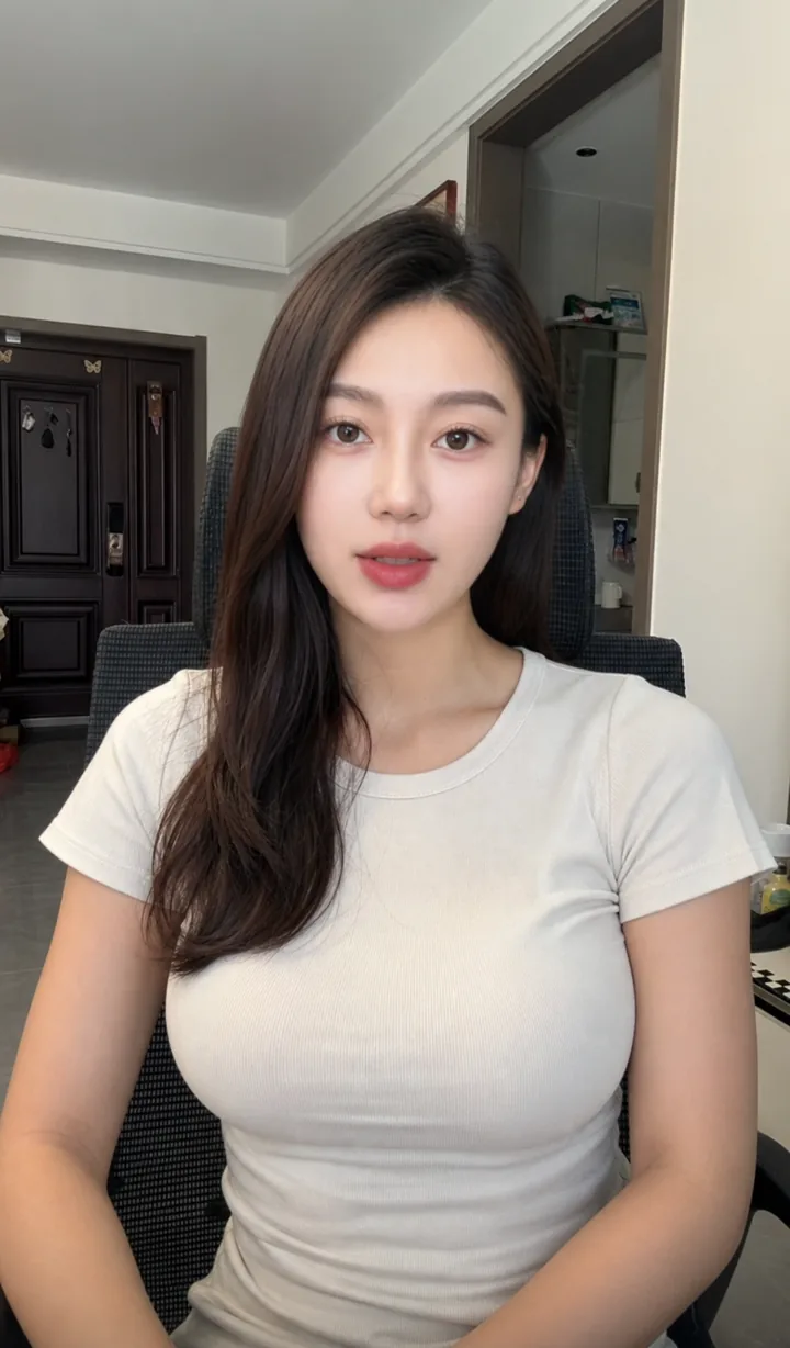 长发青年女性坐在普通家中，穿白色短袖，自然看向镜头
