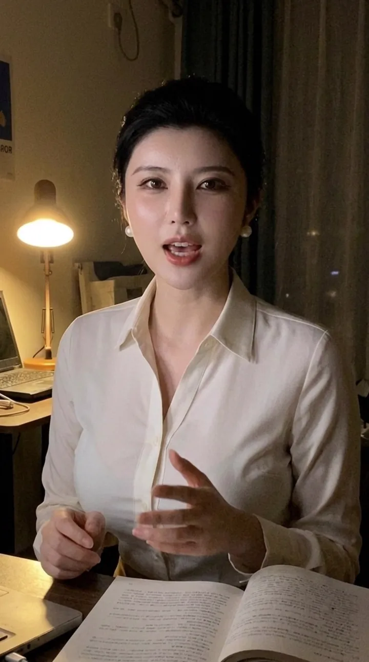 中青年女性穿白色衬衫坐在夜间书桌前，旁边有书本和电脑