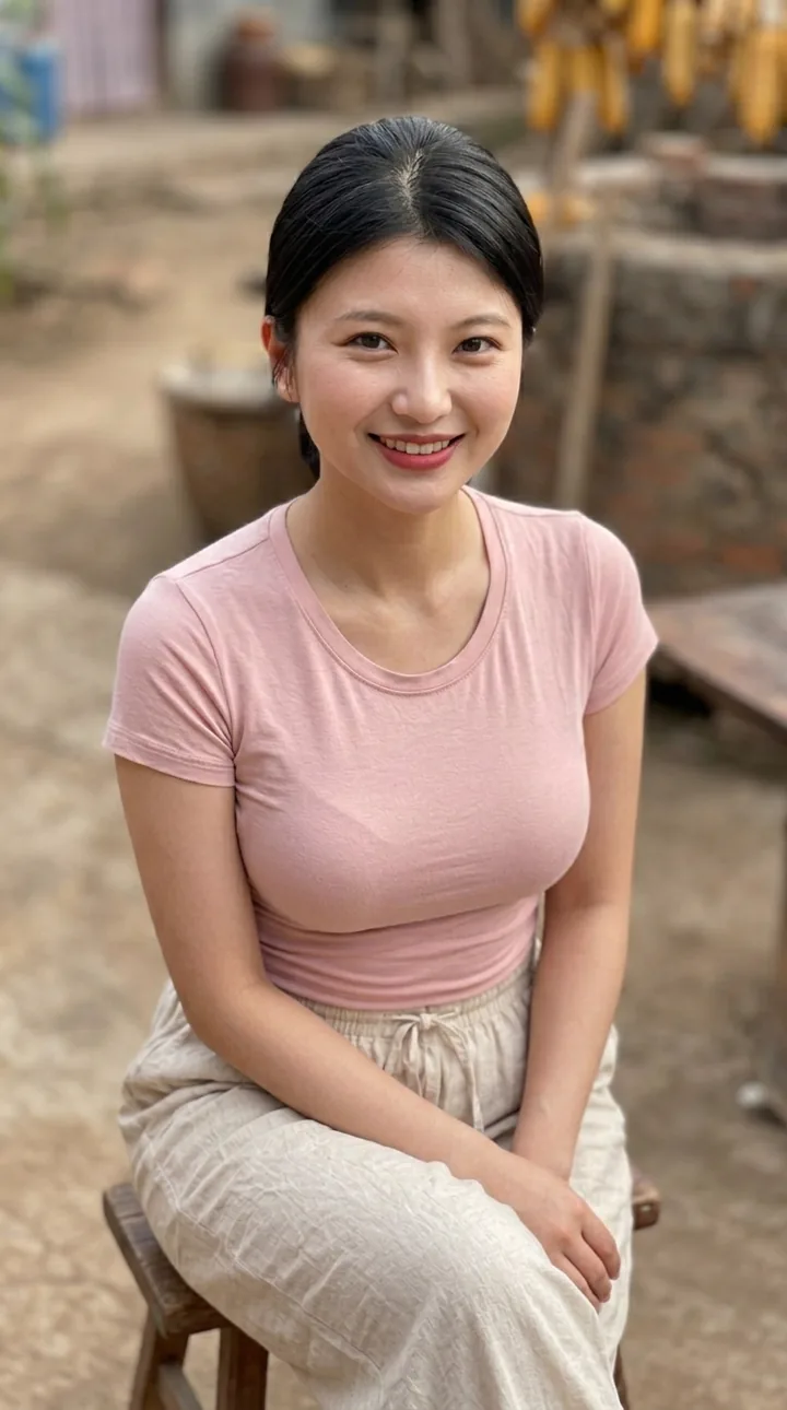 穿粉色短袖的中青年女性坐在乡村院落中，自然微笑