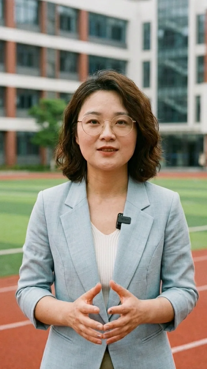 戴眼镜的中青年女性穿浅蓝西装站在校园操场上，佩戴领夹麦克风