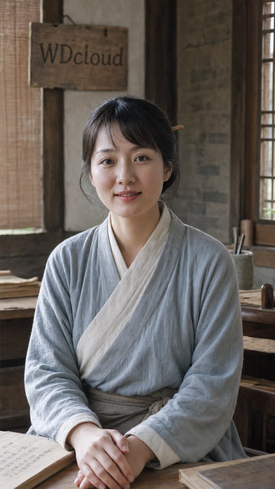 保持同一女性身份，换为朴素古装和普通古代书房，背景有木制WDcloud牌匾
