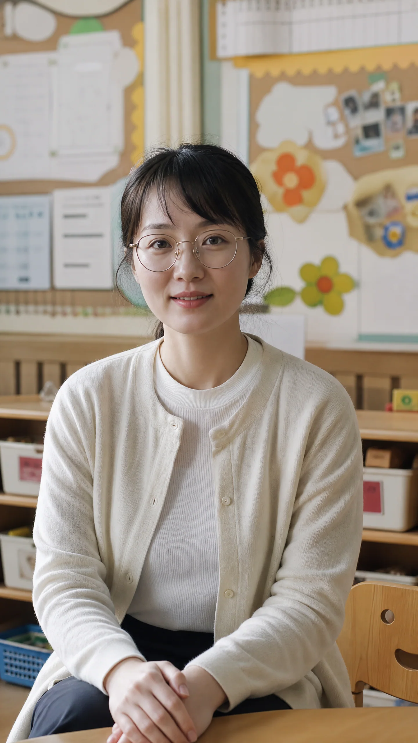 戴圆框眼镜、黑发盘起的青年女性，在普通教室中正面看向镜头