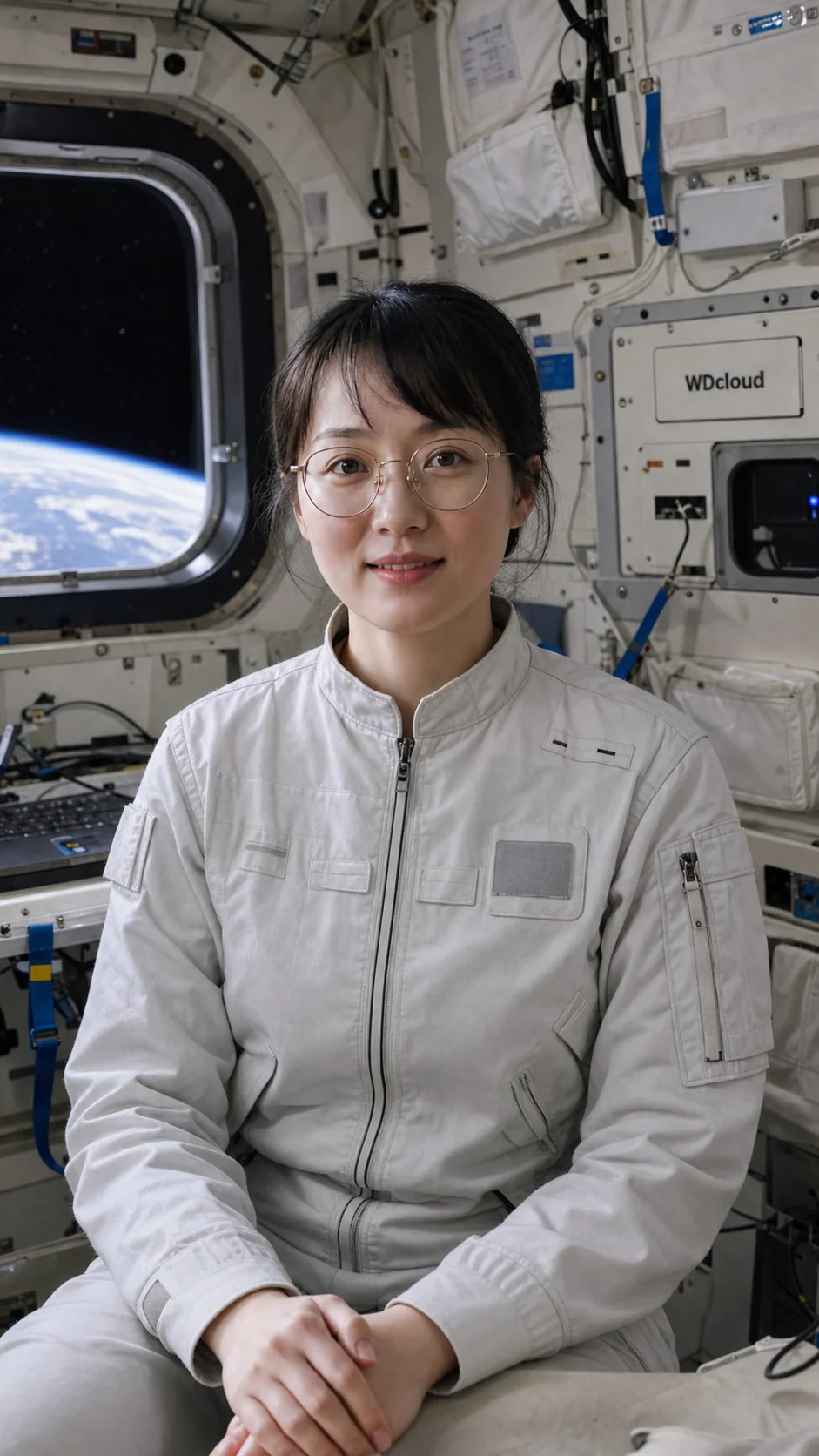 保持同一女性身份，身穿实用型太空服坐在空间站内，设备面板含WDcloud标识